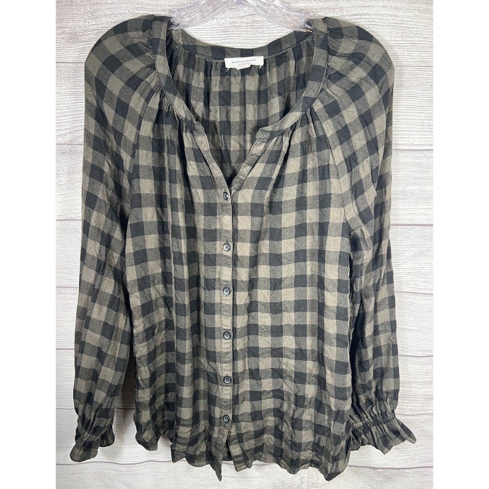 Beachlunchlounge Black and Tan Gingham Plaid Blouse Cotton Size Medium